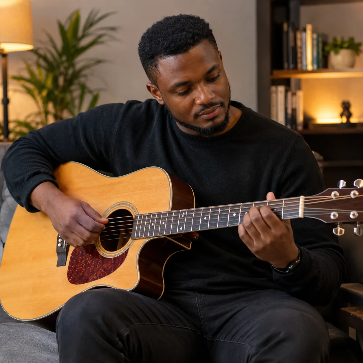 A man in a black jumper sitting on a sofa, playing an acoustic guitar in a warmly lit living room