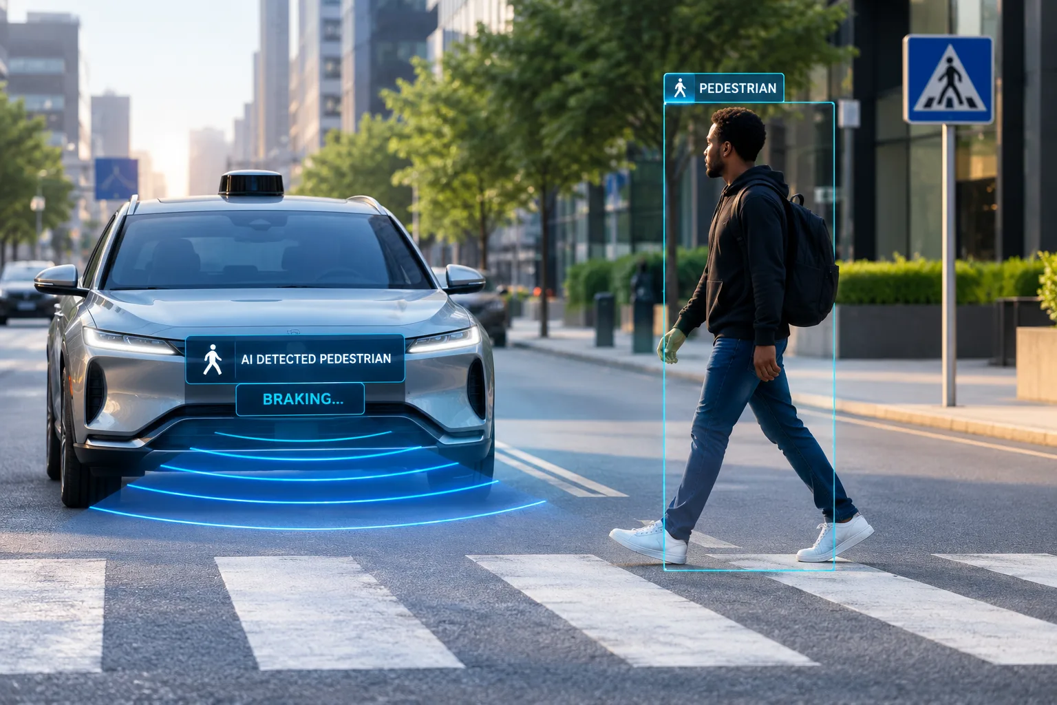 A silver self-driving car braking at a zebra crossing as a man with a backpack walks across, with an on-screen label reading “AI detected pedestrian”